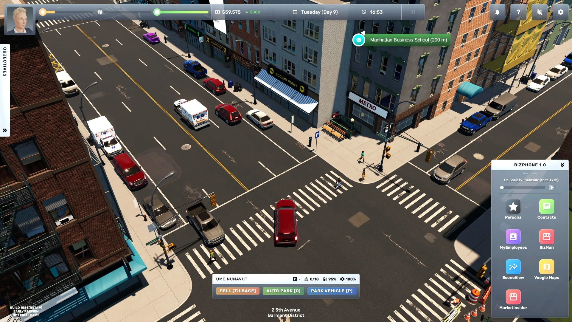 Big Ambitions city street with navigation marker and nearby retail buildings