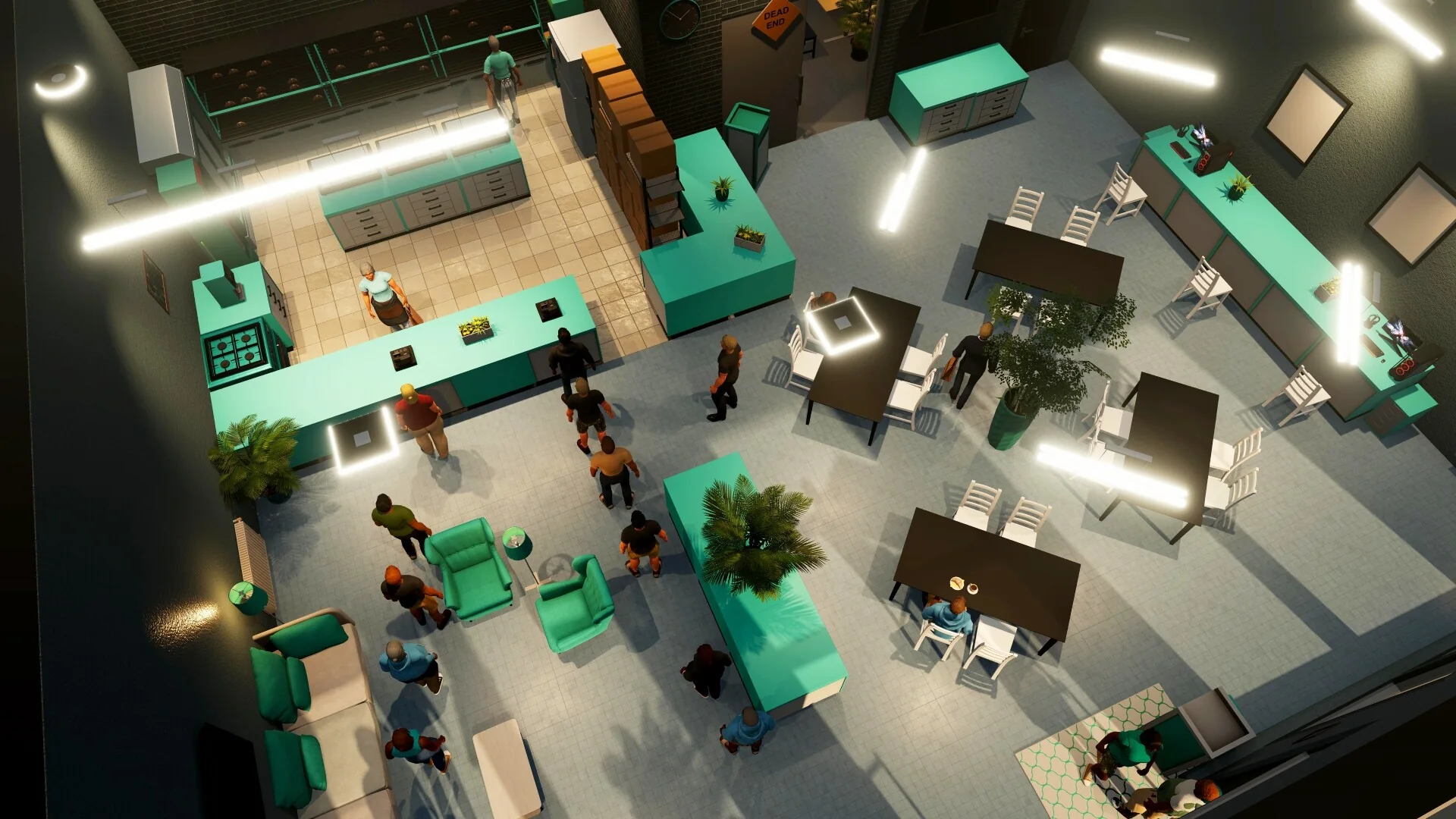 Customers using a cafe-style business interior with a service counter and seating