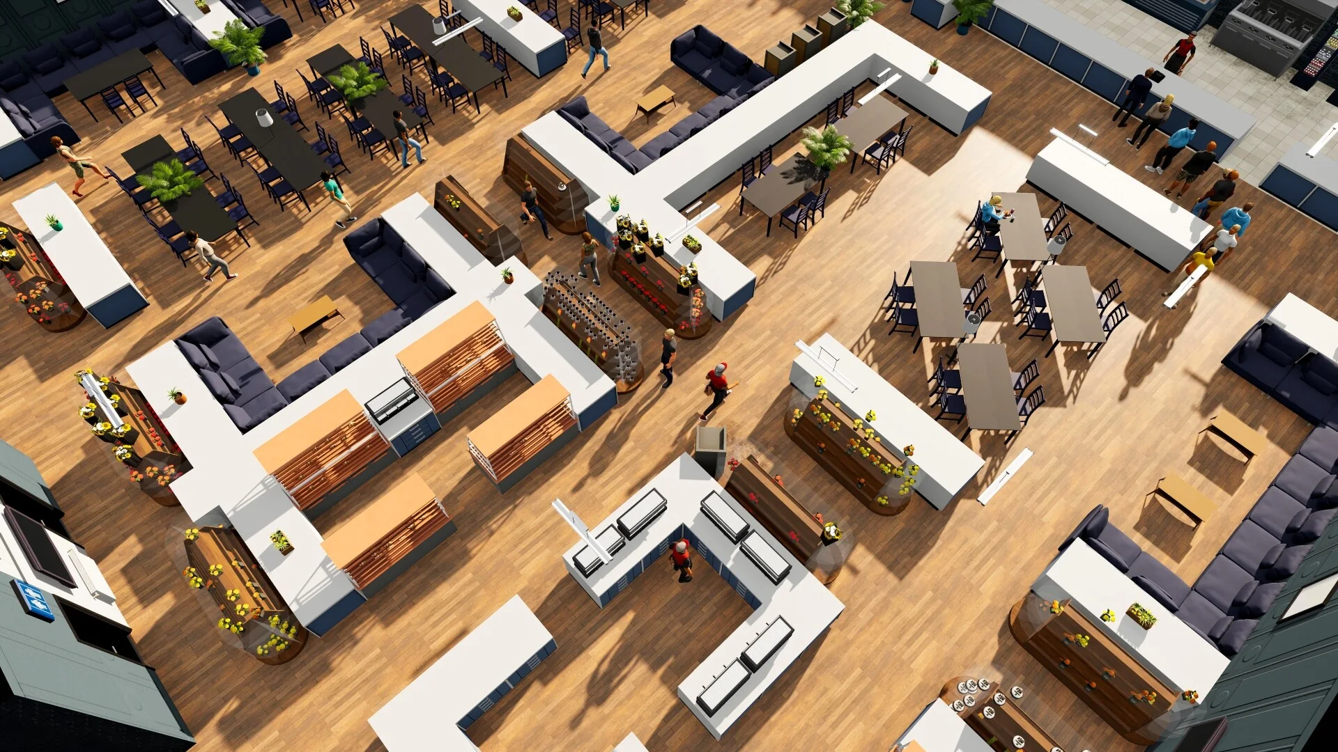 Overhead retail floor with shelves and customer aisles in Big Ambitions