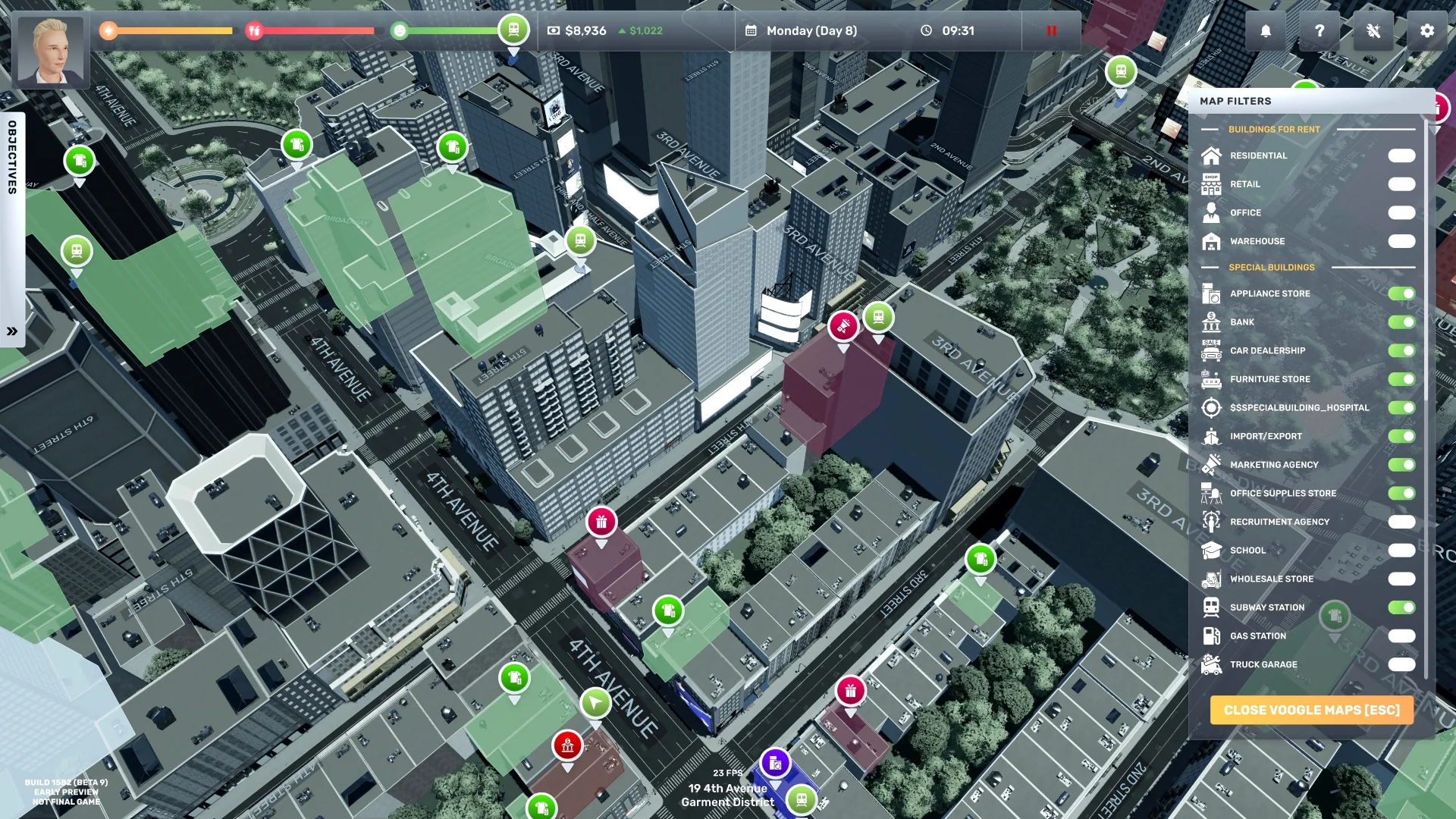 Official Big Ambitions VoogleMaps screenshot showing building and location filters in an older test build