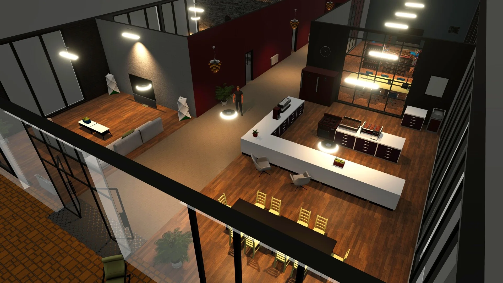 Office workspace with desks, storage, and employee workstations in Big Ambitions